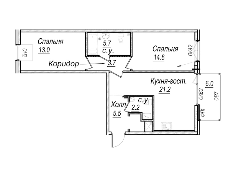 2-комнатная квартира 70.4 м², 7/8 эт., Комплекс апартаментов «Meltzer Hall»